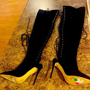 Back lace up exposed heel thigh highs